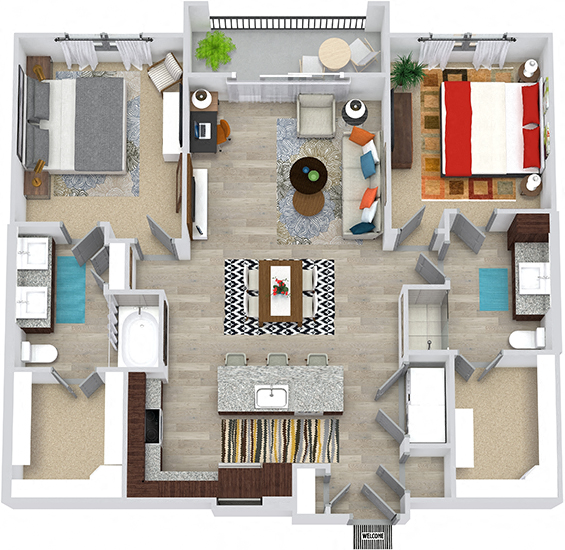 Floor plan for 2 beds, 2 baths, 1237 sqft